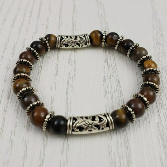 Tigers Eye Stone Bead Stretch Bracelet Silver Tone - Picture 1 of 3
